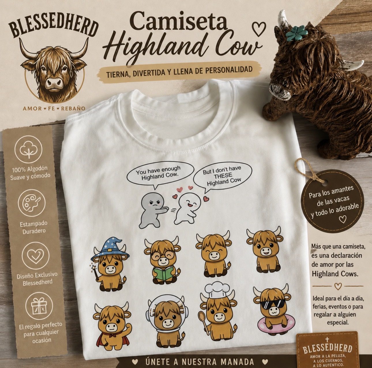 Blessedherd® | Camiseta “Highland Cow Mood” – Edición Kawaii